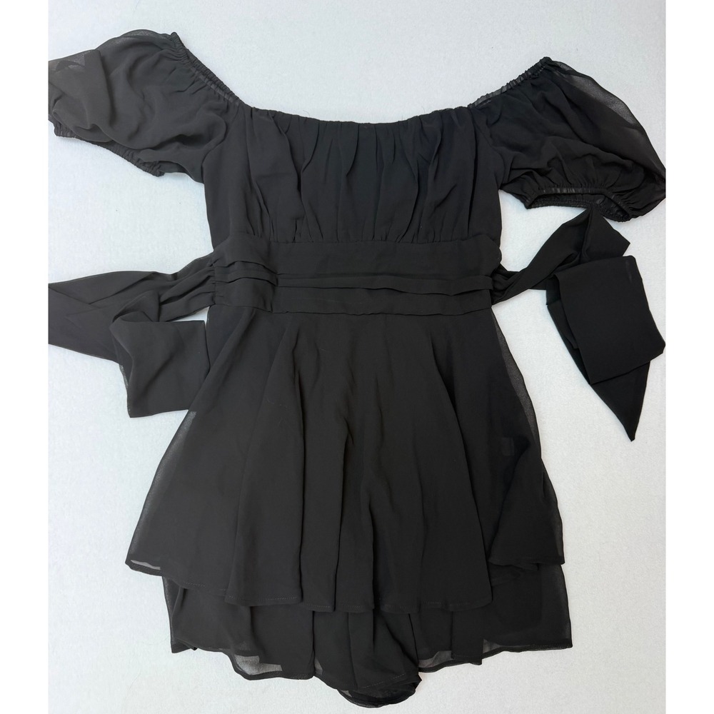Storia Black Off The Shoulder Tiered Ruffle Romper Smocked Back Small 9048A-1